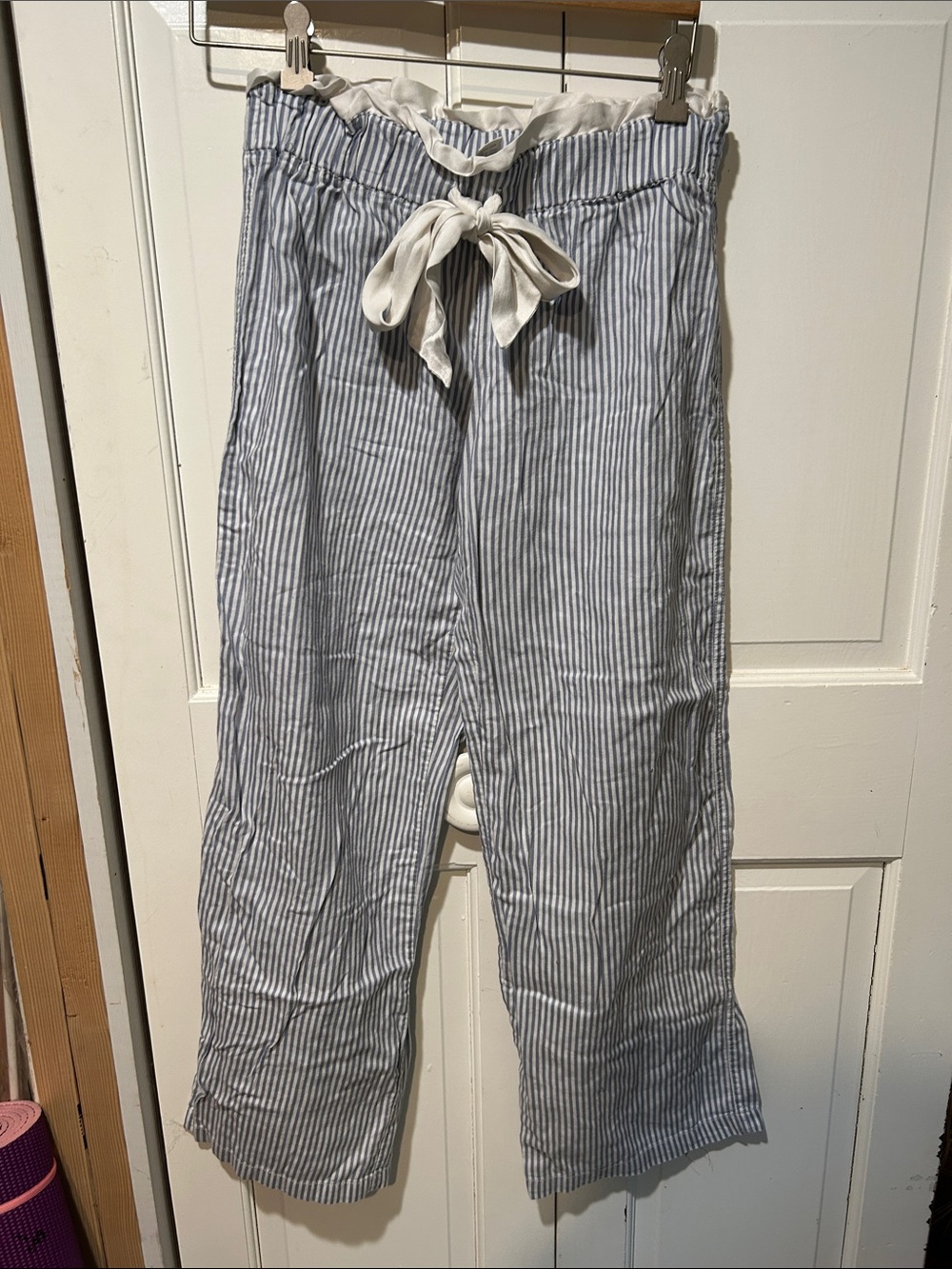 Light Blue and White Striped Tie-Waist pajama Pants cotton silk